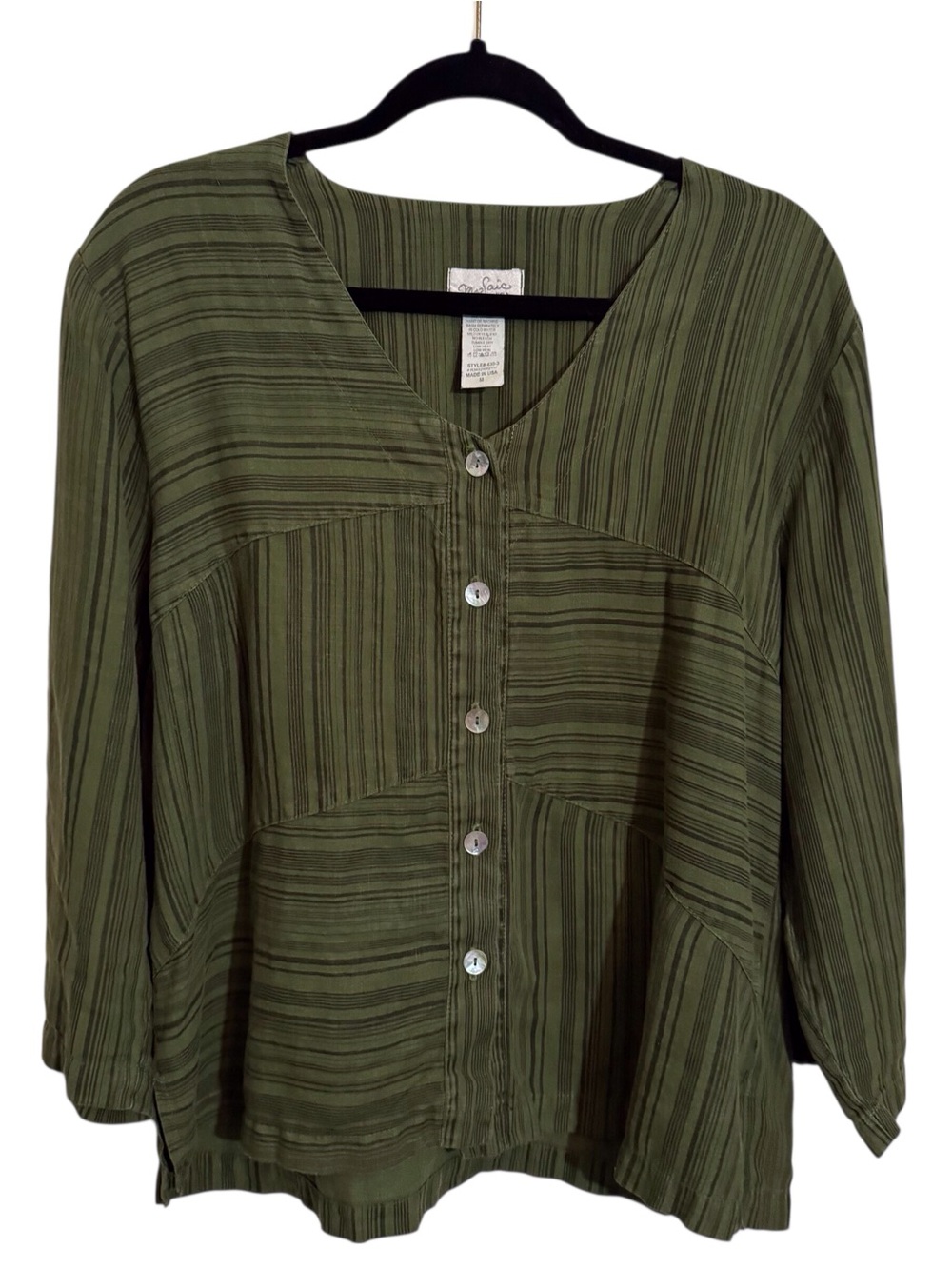 Mosaic Medium Green Linen Stripe Button Up Top Blouse Lagenlook Long Sleeve